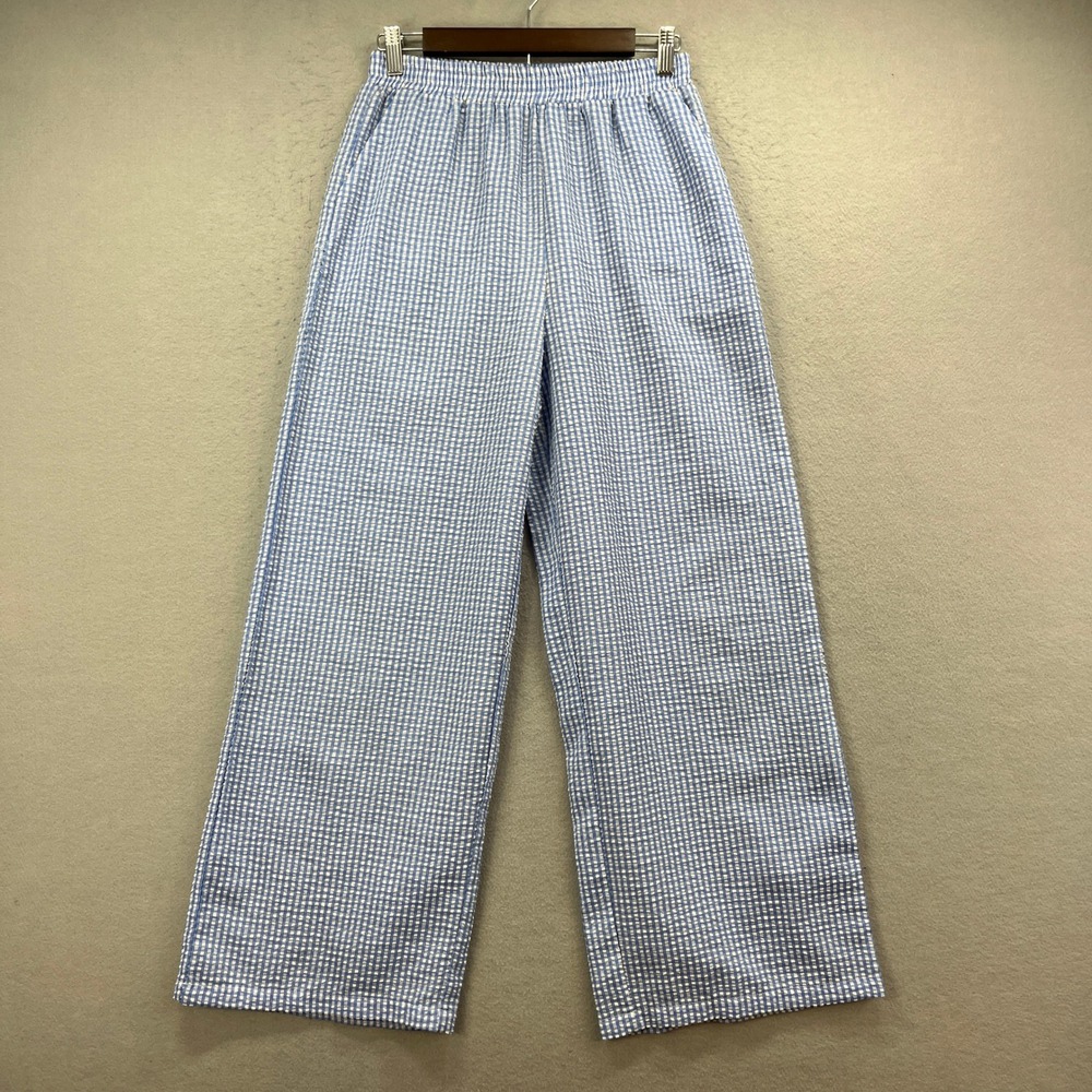 Emery Rose Wide‎ Leg Trousers Women M Blue White Gingham Seersucker Casual